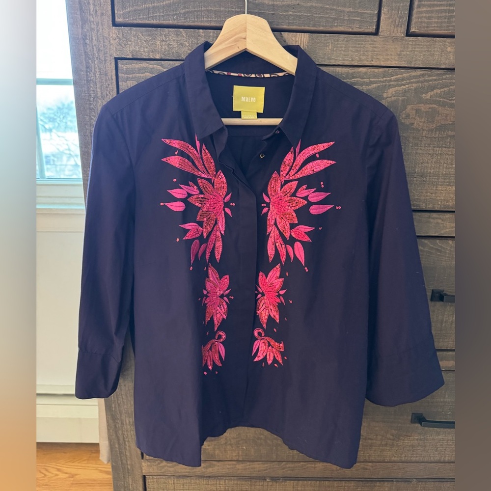 Anthropologie Maeve Purple Blouse with Pink Floral Design